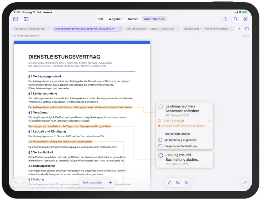 Aufgabenkarten rechts neben der Seite, mit orangen Linien zu ihren Textstellen verbunden