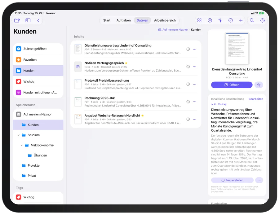 „Dateien“ auf dem iPad: Ordner und Dokumente, daneben eine Datei mit ihrer Beschreibung