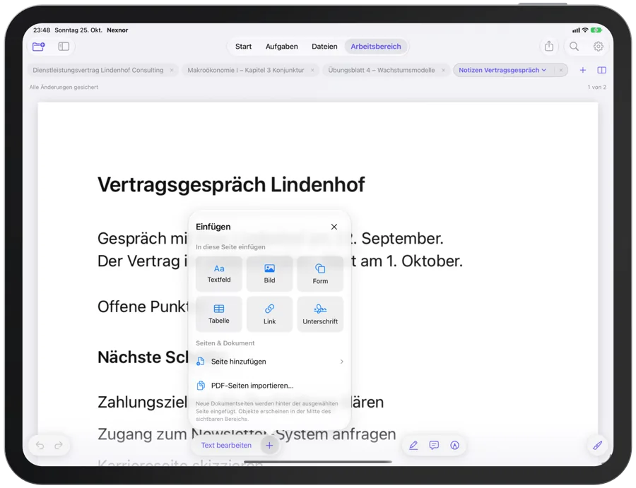 Ein PDF im Arbeitsbereich mit hervorgehobenen Textstellen und dem Menü „Markieren“