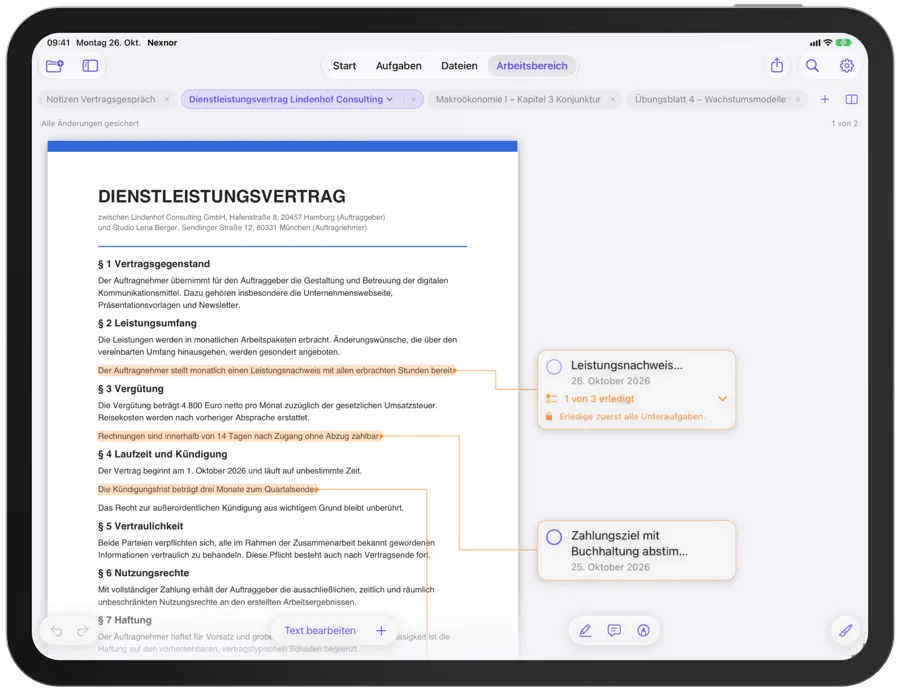Nexnor auf dem iPad: In einem Vertrag wird eine Zeile markiert und über „Aufgabe erstellen“ zur Aufgabe; sie erscheint als Karte am Seitenrand, mit einer Linie zur orange hinterlegten Textstelle.