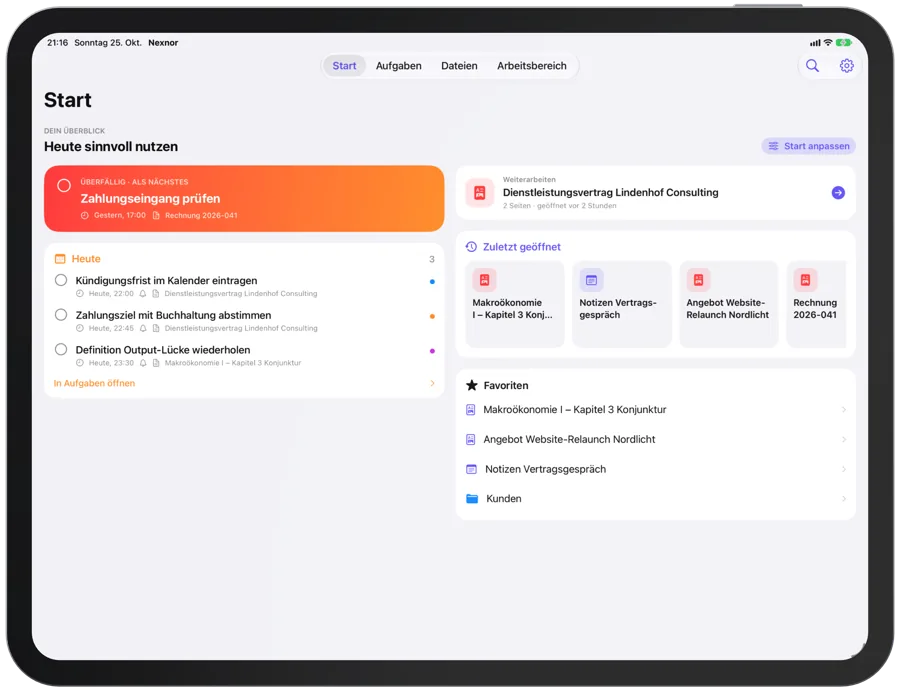 „Start“ auf dem iPad: links „Als Nächstes“ und „Heute“, rechts „Weiterarbeiten“, „Zuletzt geöffnet“ und „Angeheftet“
