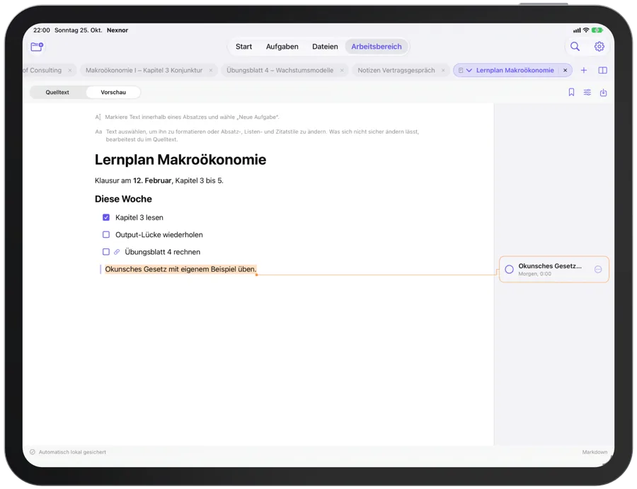 Ein Markdown-Dokument in der Vorschau: eine Checkliste mit gekoppelter Checkbox und ein orange hinterlegter Satz mit seiner Aufgabenkarte am Rand