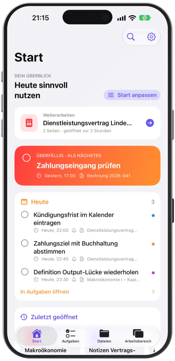 Nexnor auf dem iPhone: „Start“ mit „Weiterarbeiten“, der Karte „Als Nächstes“ und den Aufgaben für heute